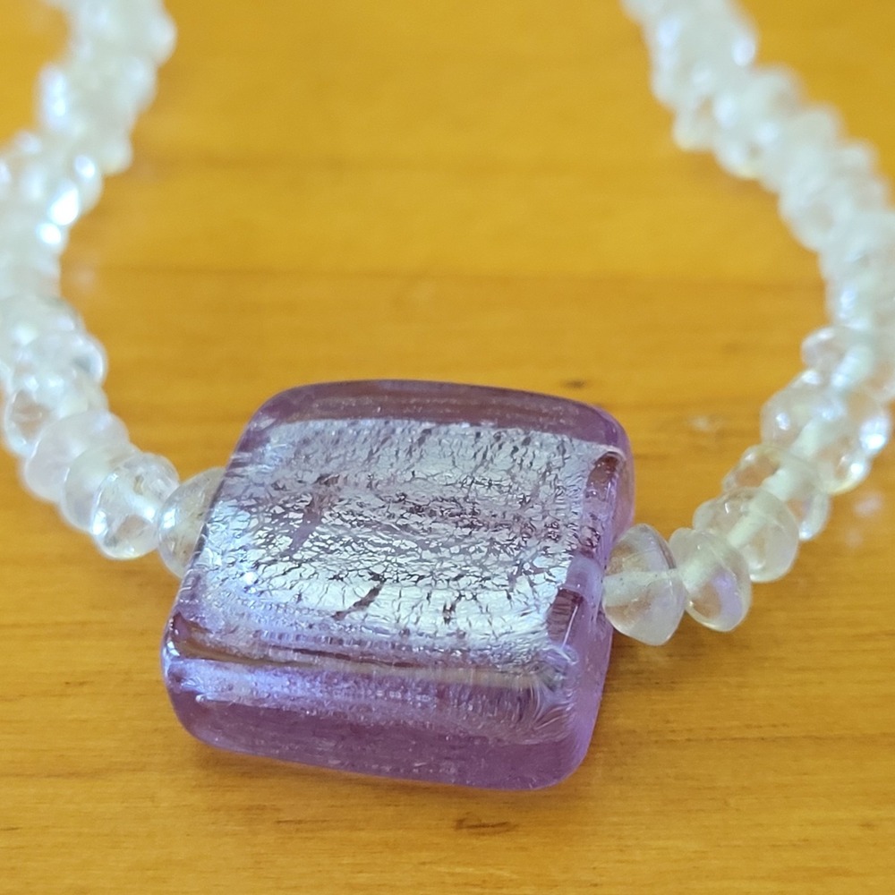 Vintage Purple Foil Lampwork Glass 925 Sterling Necklace 17"